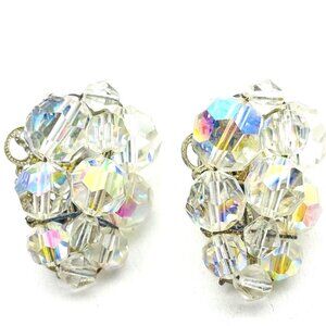 Vintage Clip On Earrings Clear Aurora Borealis Crystal Beads Cluster Silver Tone